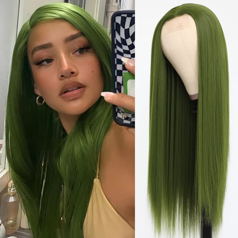 Qd-Tizer Green Hair Color Synthetic Hair No Lace Wigs For Fashion Women Olive Green Long Straight Hair Wig Heat Resistant Fiber