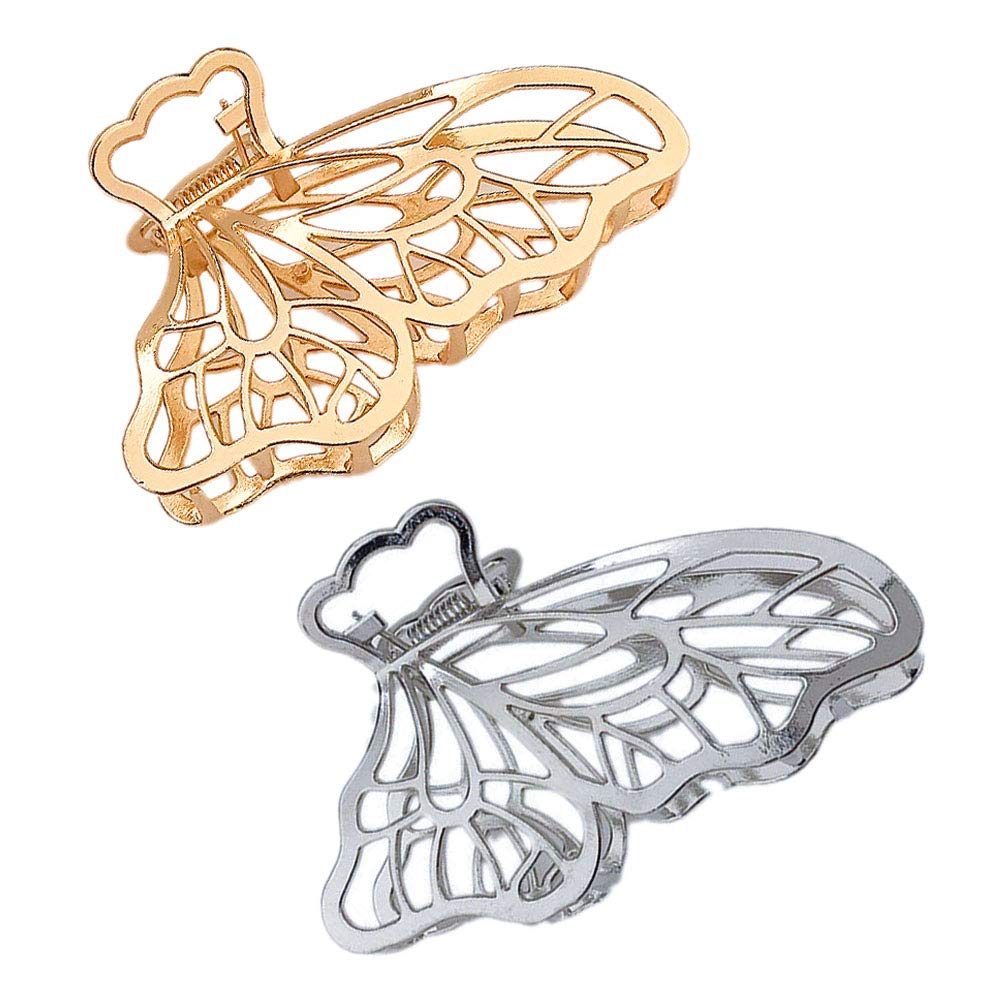 Large Metal Hair Claw Clips, Butterfly Barrette, Non-Slip Hollow Jaw Clamp Clips, Hairpins For Women And Girls (Gold, Silver)