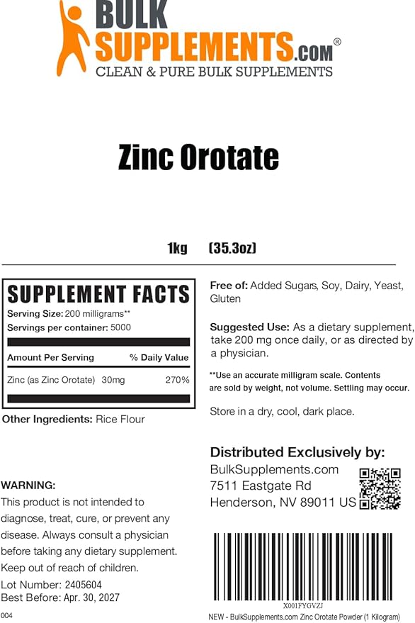 BulkSupplements.com Zinc Orotate Powder - Zinc Minerals Supplement, for Immune Support - Gluten Free, 200mg per Serving, 1kg (2.2 lbs) (Pack of 1)