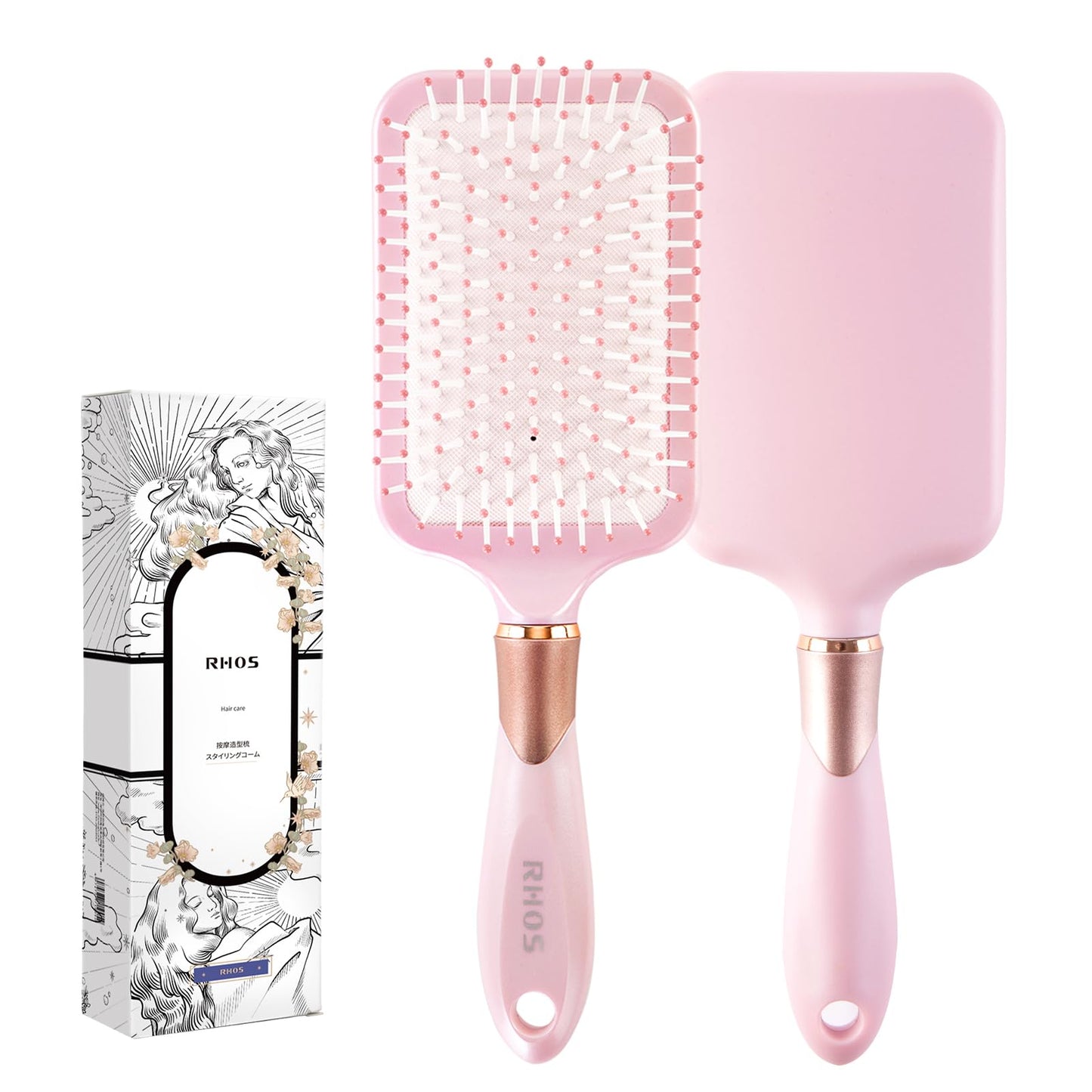 Rhos Paddle Brush For Women & Men - Detangler For Thick, Curly, Long, Wet & Dry Hair - Nylon Bristles Square Cushion Brush For S