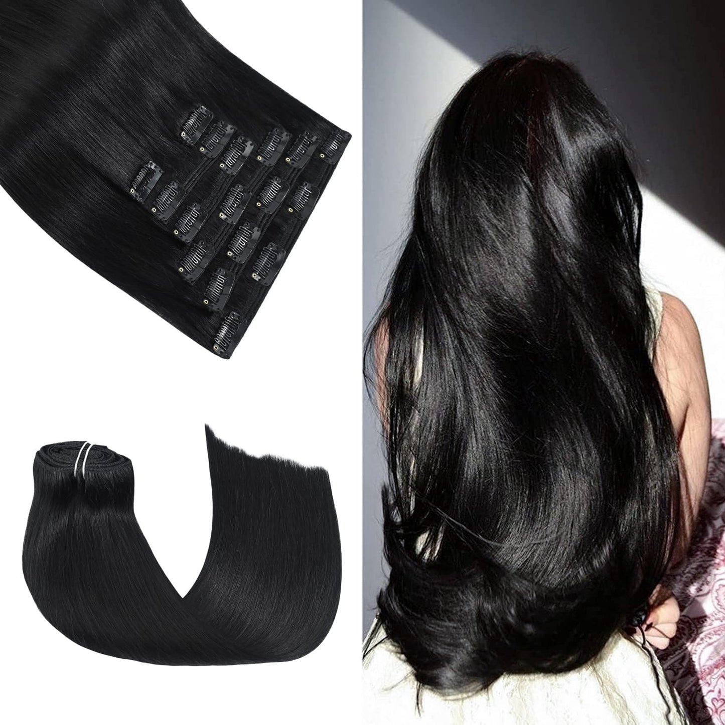 Honsoo Clip In Hair Extensions Natural Black 20Inch 120G Straight Natural Smooth Clip In Remy Hair Extensions Gorgeous Real Huma