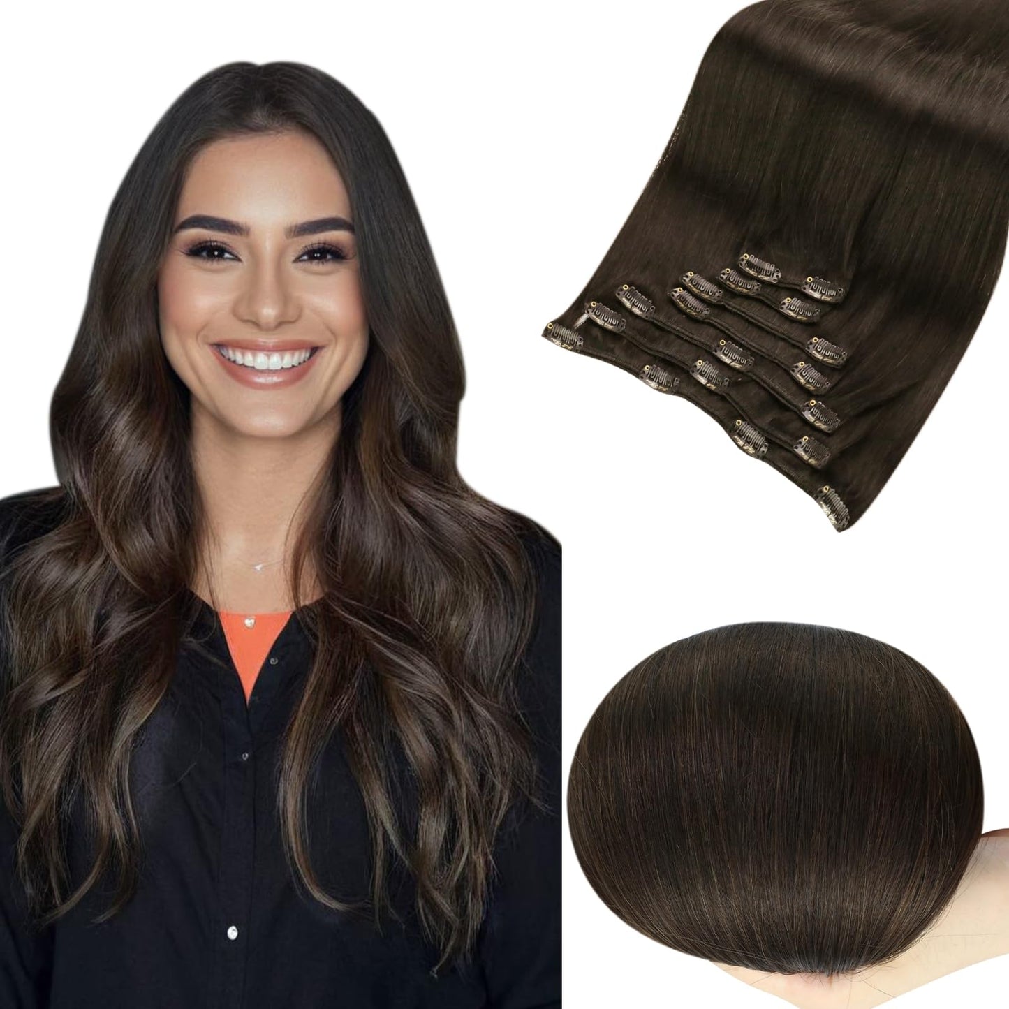 Full Shine Dark Brown Clip In Hair Extensions Real Human Hair #2 Hair Extensions Clip Ins Real Human Hair For Black Women 24 Inc
