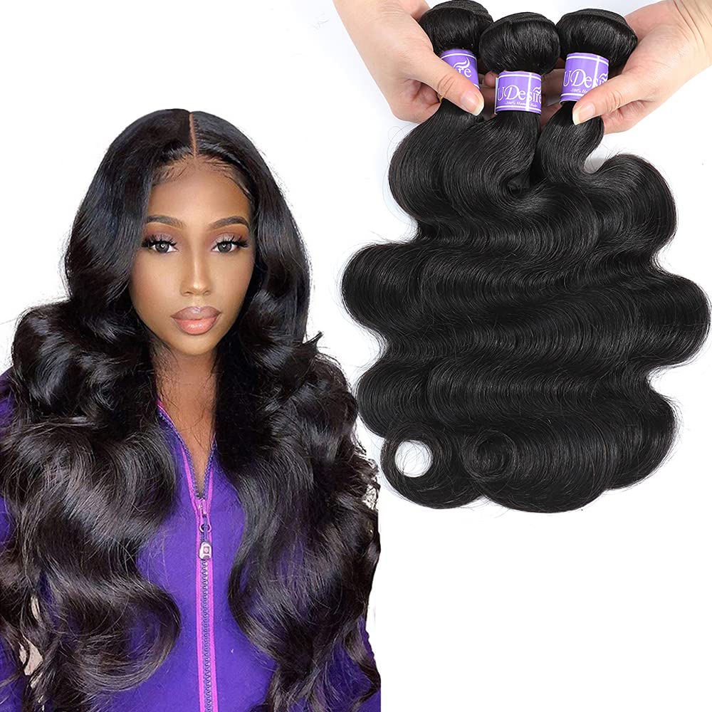 Udesire 12A Brazilian Body Wave Human Hair Brazilian Hair Bundles Weave Hair Human Bundles (16 18 18Inch,Natural Black)12A Brazi