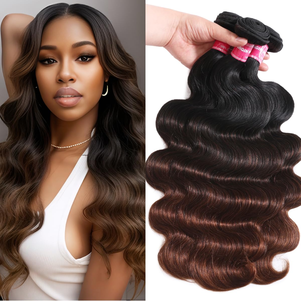 Unice Chestnut Brown Ombre Body Wave Human Hair Weave 3 Bundles 14 16 18 Inch Brazilian Remy Human Hair Wavy Sew In Human Hair E