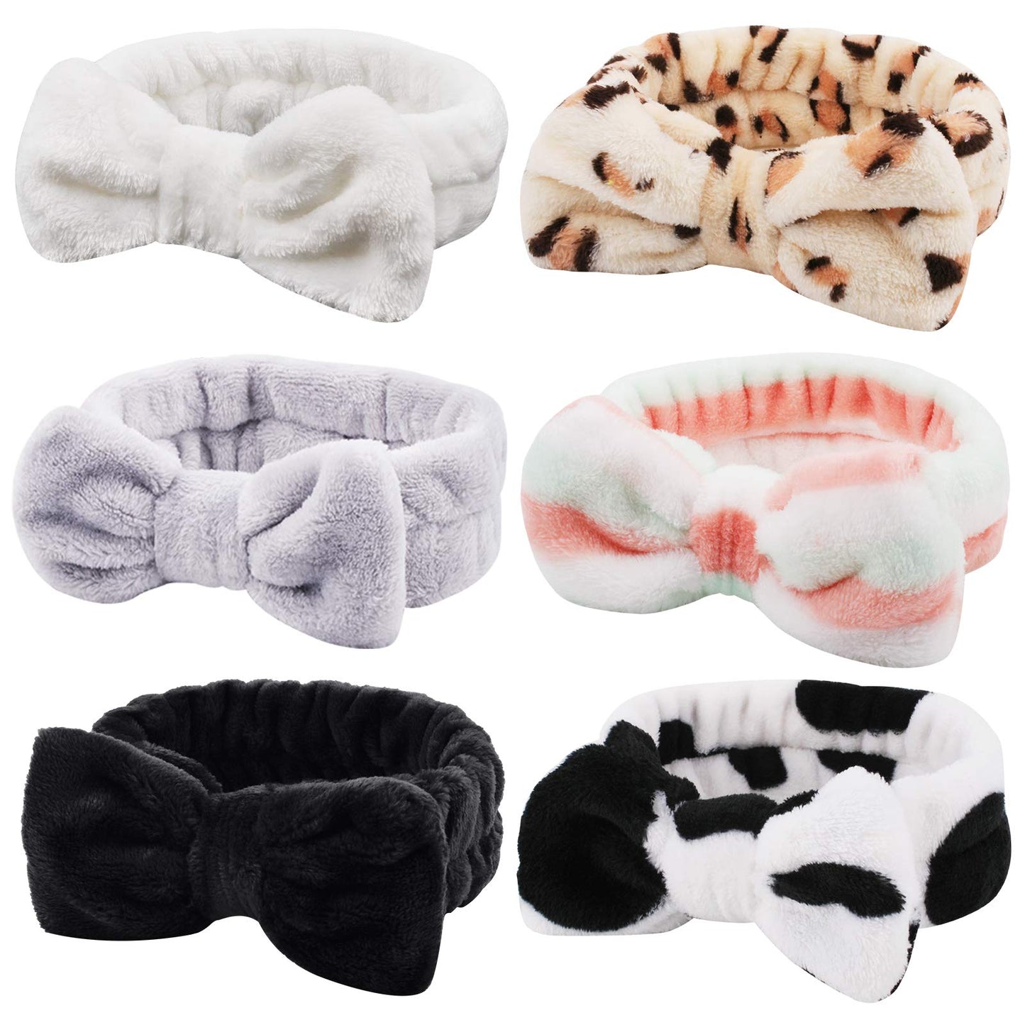 Casoty 6 Pieces Bow Hair Band Spa Headband For Women Soft Coral Fleece Headband For Washing Face Terry Cloth Headband Makeup Hea