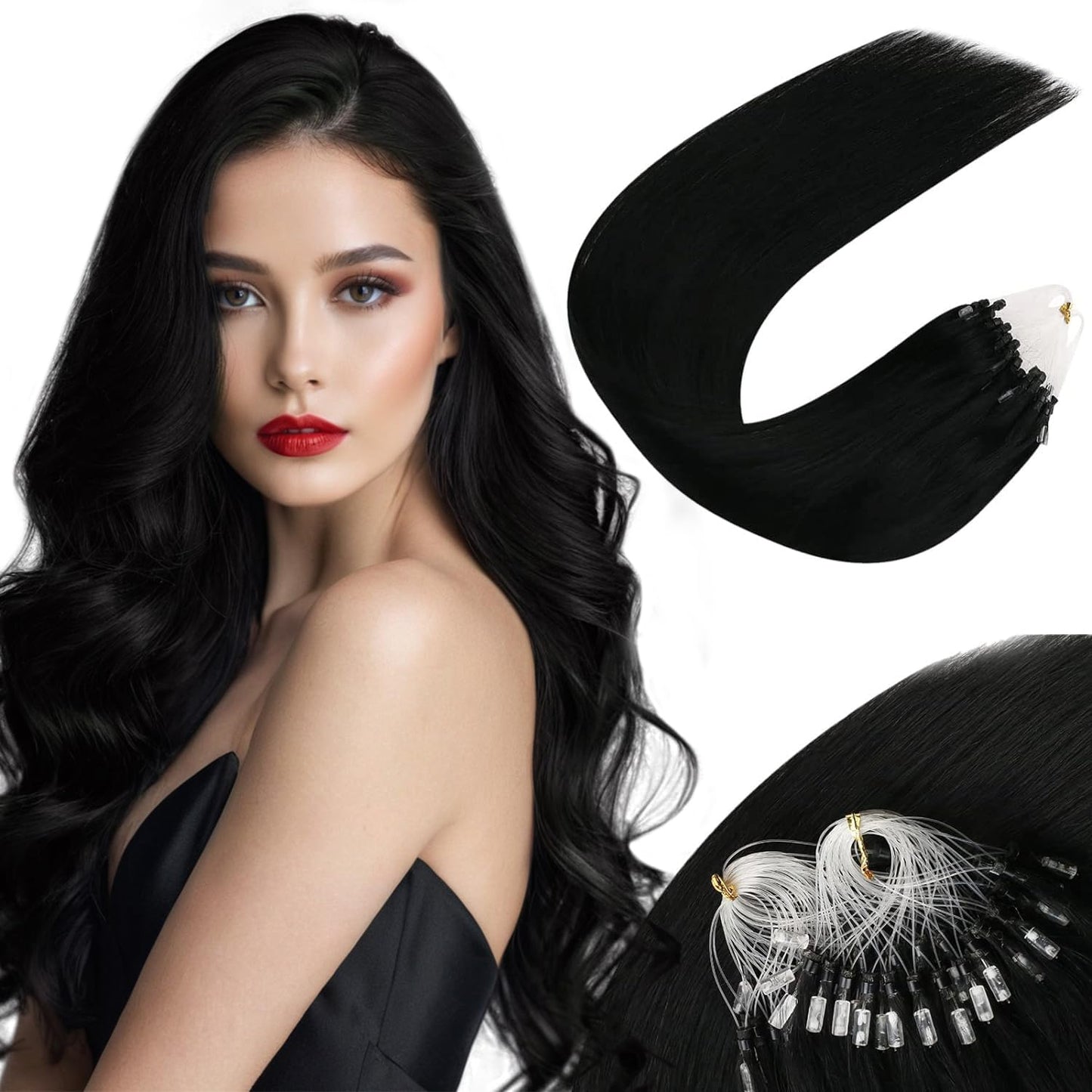 Sunny Hair Micro Link Hair Extensions Human Hair Jet Black 50G Micro Hair Extensions Human Hair Black Micro Bead Hair Extensions