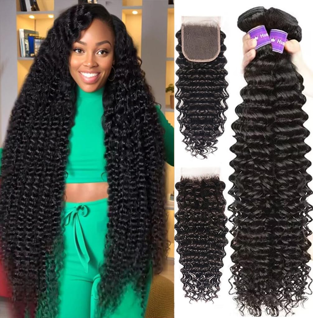 Deep Wave Bundles With Closure (20 22 24 26+18C) 12A 100% Unprocessed Brazilian Virgin Human Hair Curly Weave 3 Bundles With 4X4