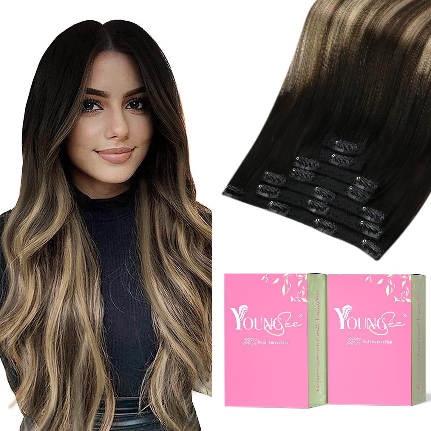 Youngsee Clip In Human Hair Extension Ombre Human Hair Clip In Extensions Balayage Black To Blonde With Brown Clip In Extensions