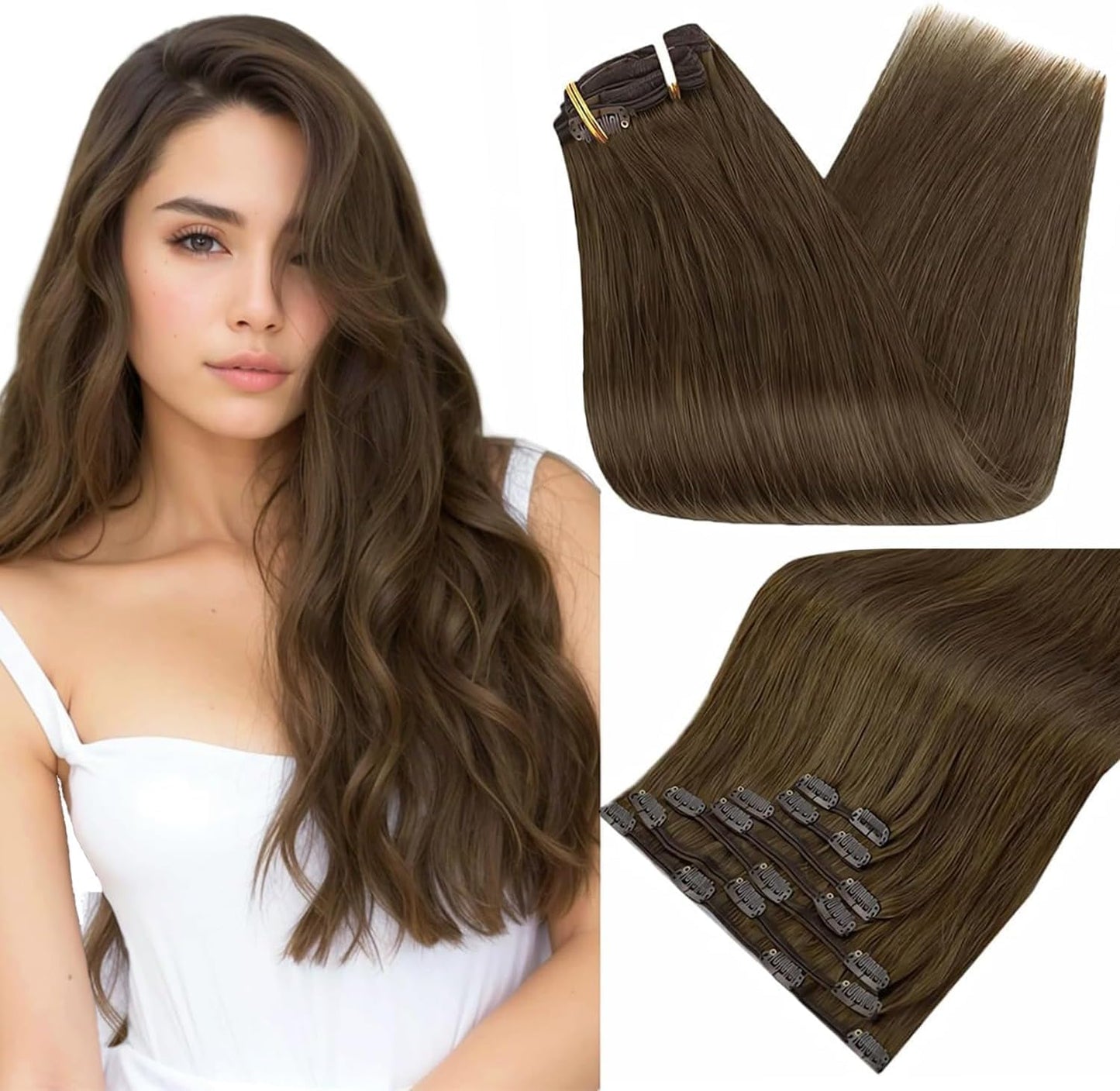 Full Shine Brown Human Hair Extensions Clip Ins 24 Inch Hair Extensions Real Human Hair Tripple Weft Hair Extension For Fine Hai