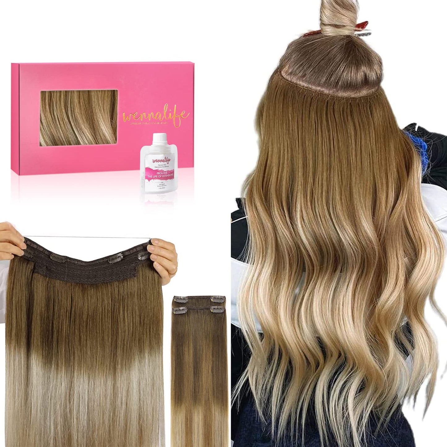 Wennalife Wire Hair Extensions (Increase 50% Lifespan) Real Human Hair 22 Inch 150G Ombre Walnut Brown To Ash Brown Bleach Blond