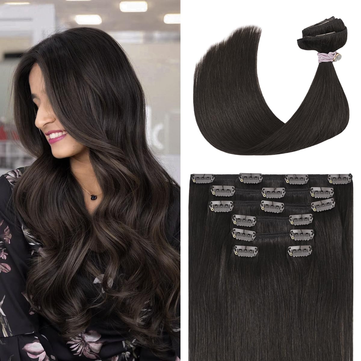 Ugotrays Dark Brown Clip In Hair Extensions Real Human Hair 120G 18 Inches 100% Remy Human Hair Clip In Extensions Straight Doub