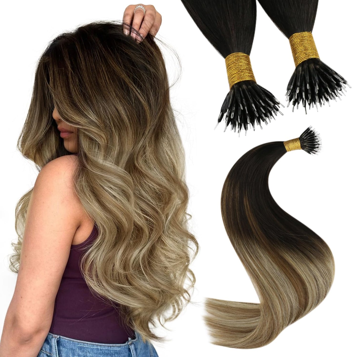 Youngsee Nano Ring Hair Extensions Long Straight Nano Beads Hair Extensions Human Hair Ombre Dark Brown To Medium Brown With Blo