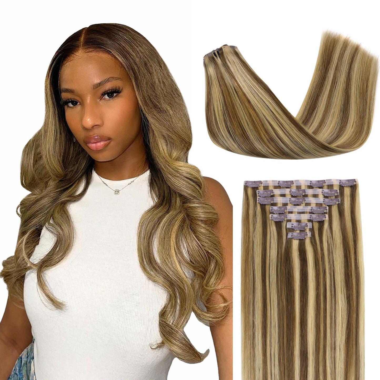 Lashey Seamless Clip In Extensions Human Hair 20 Inch 110G 7Pcs Long Straight Seamless Clip In Hair Extensions Balayage Ash Brow