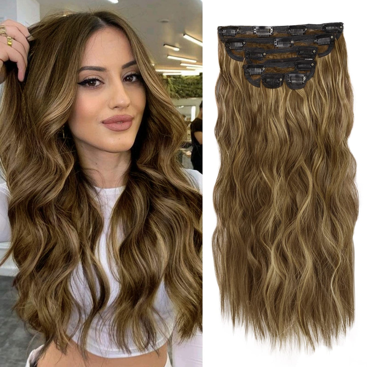 Wecan Clip In Hair Extension 20 Inch 6Pcs Honey Brown Mix Blonde Long Wavy Curly Hairpieces For Women Natural Thick Synthetic Fi