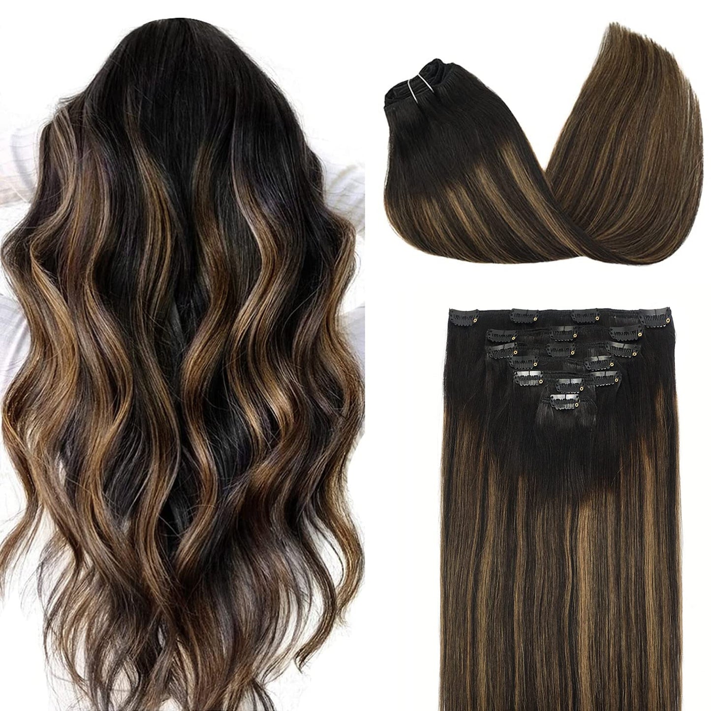 Doores Clip In Hair Extensions Human Hair Extensions, Balayage Natural Black To Chestnut Brown 16 Inch 7Pcs 120G Real Hair Exten