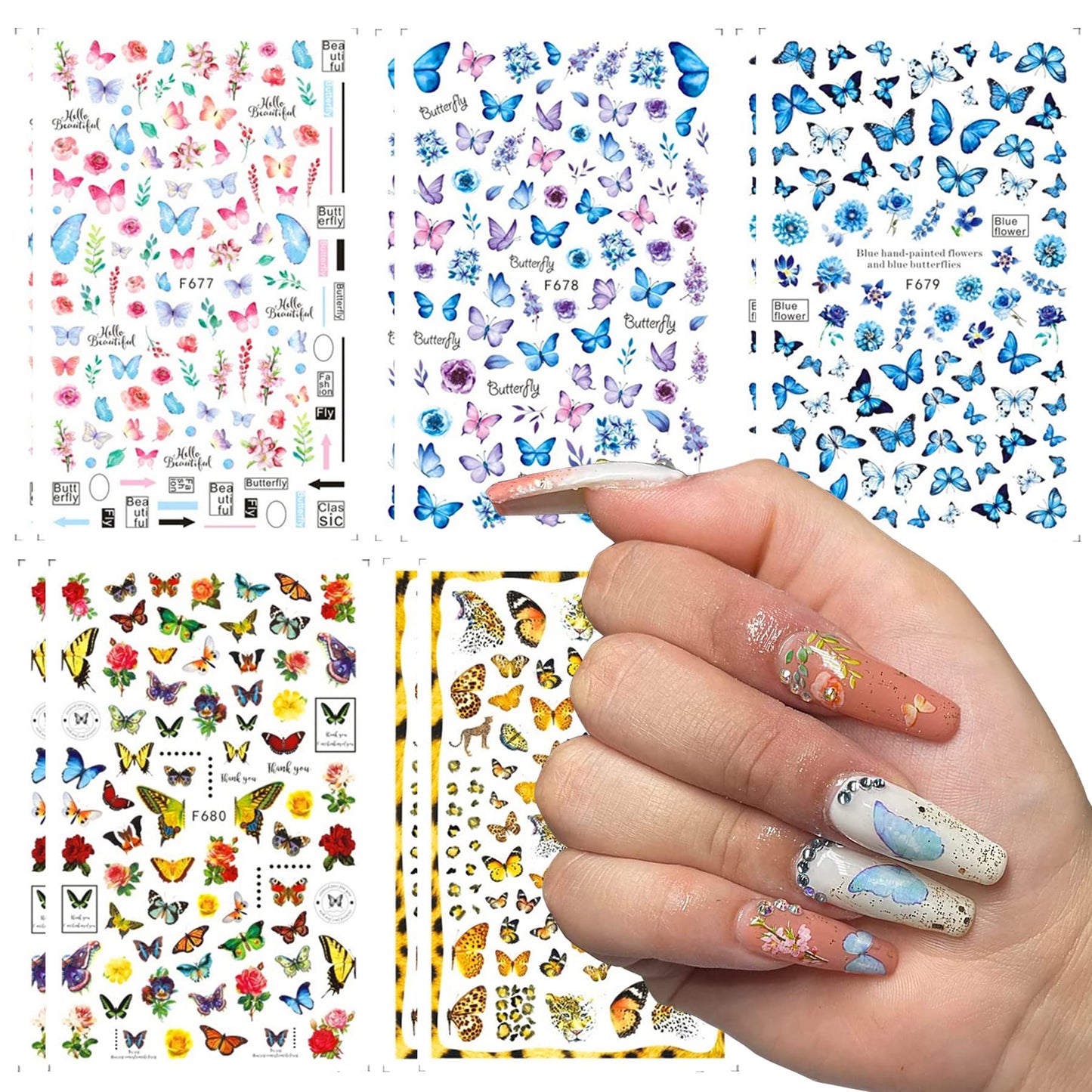 Eseres 10Sheets Butterfly Nail Stickers Self-Adhesive Nail Art Decals Vanessa Nail Designs Butterflies Flowers Pattern Decoratio