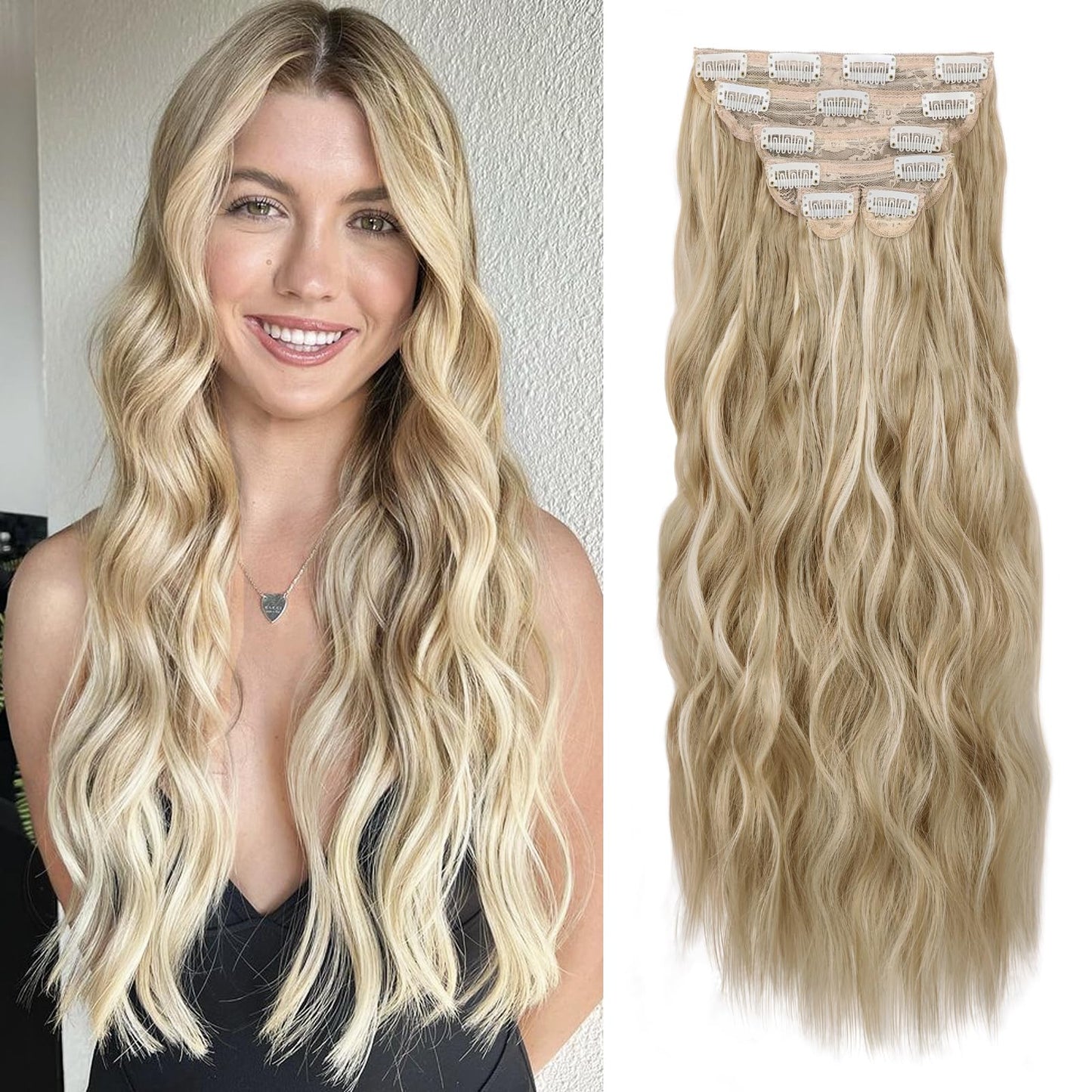 Wecan Clip In Hair Extension 24 Inch Ash Blonde Mix Bleach Blonde 6Pcs Long Wavy Curly Hairpieces For Women Natural Thick Synthe