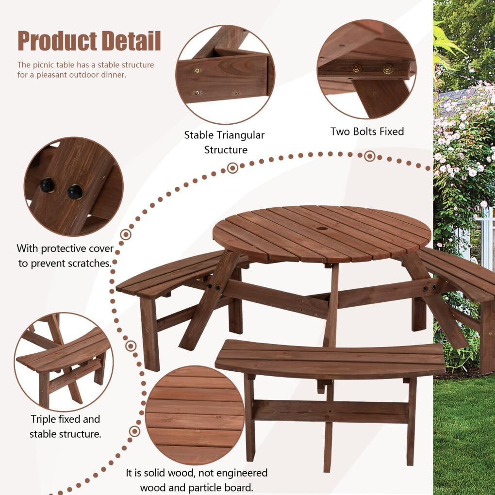 Picnic Table,6 Person Wooden Picnic Table with 3 Built-in Benches, Circular Outdoor Wooden Table with Seat for Patio, Backyard, Garden,2220lb Capacity - Natural