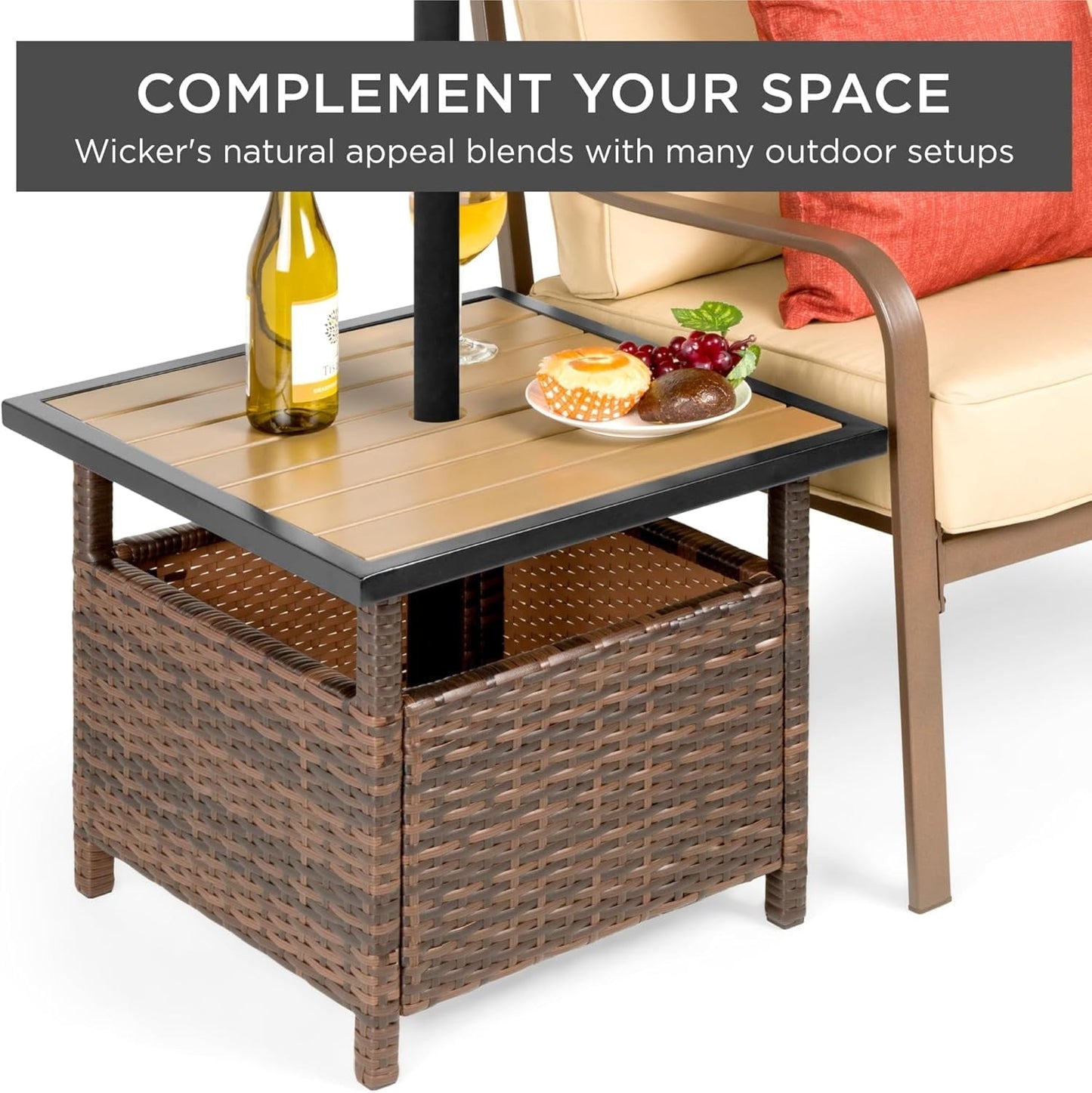 SUPQ Wicker Side Table with Umbrella Hole, Square PE Rattan Outdoor End Table for Patio, Garden, Poolside, Deck w/UV-Resistant Frame, Storage Space - Brown