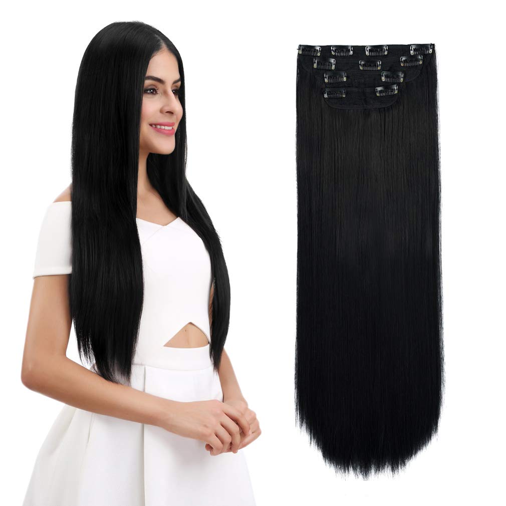 Reecho 14'' Straight Short Length Long 4 Pcs Set Thick Clip In On Hair Extensions Natural Black