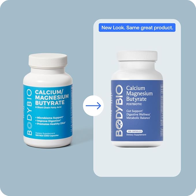 BodyBio Butyrate Supplement - Postbiotic for Gut Microbiome Health, Digestion and Regulation Support - Butyric Acid with Calcium Magnesium - 100 Capsules