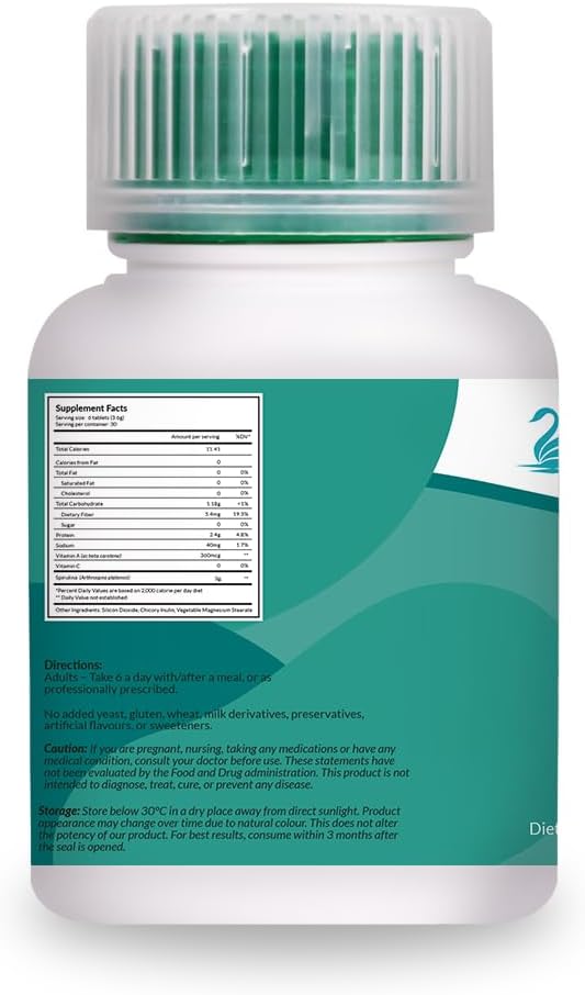 Spirulina + Fibre Inulin - Herbal Supplement, Spirulina Added Fiber Vegan Tablets for Digestive Health, 600mg Spirulina, Vegan & GMO Free (180 Tablets)