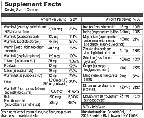 BariatricPal Multivitamin ONE 1 per Day! Bariatric Multivitamin Capsule with 18mg Iron (30 Count)