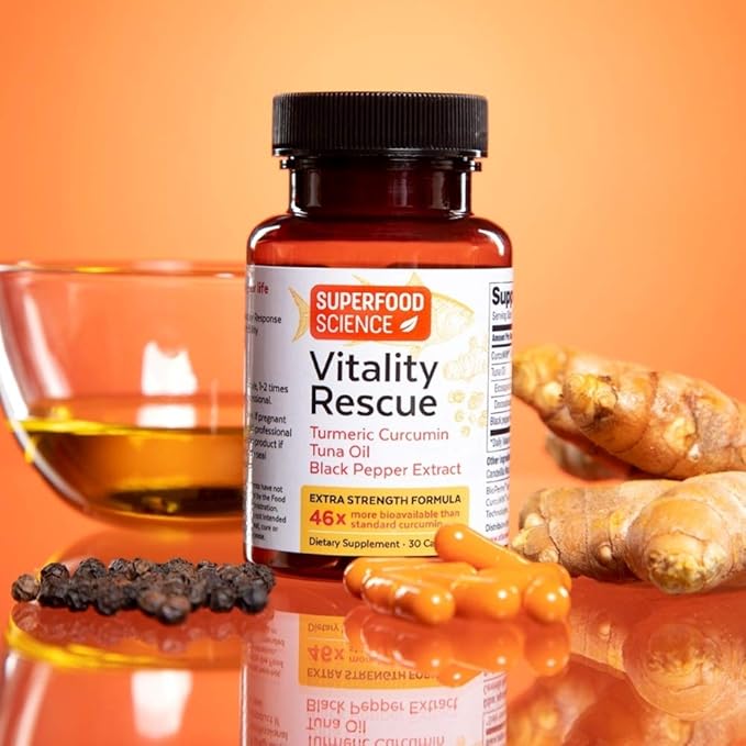 Vitality Rescue, Fish Oil DHA EPA Omega 3 and Turmeric Supplement w/Bioperine, CurcuWin 46X Superior Absorption Curcumin to Support Workout Recovery, Joint, Muscle, Cardio & Brain Health, 30 Capsules