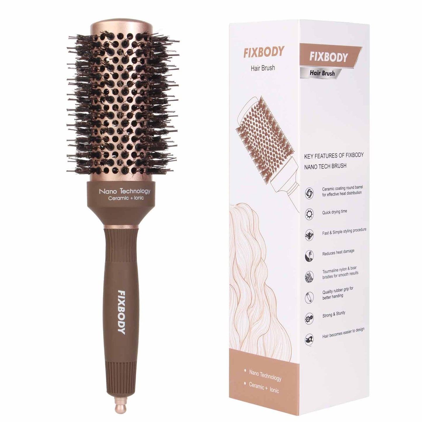 Fixbody Hair Brush, Round Brush For Blow Drying, Curling, Styling, Nano Thermal Ceramic & Ionic Tech, Boar Bristle, Volume & Shi