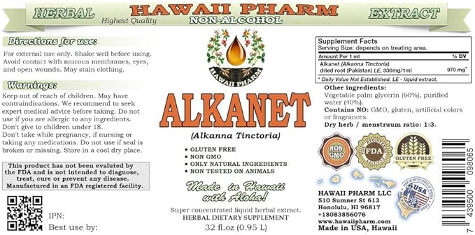 Alkanet Alcohol-Free Liquid Extract, Alkanet (Alkanna Tinctoria) Dried Root Glycerite Hawaii Pharm Natural Herbal Supplement 32 oz Unfiltered