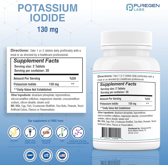 Potassium Iodide Tablets 130 mg Kosher Iodine Tablets, Thyroid Support – 60 Tablets