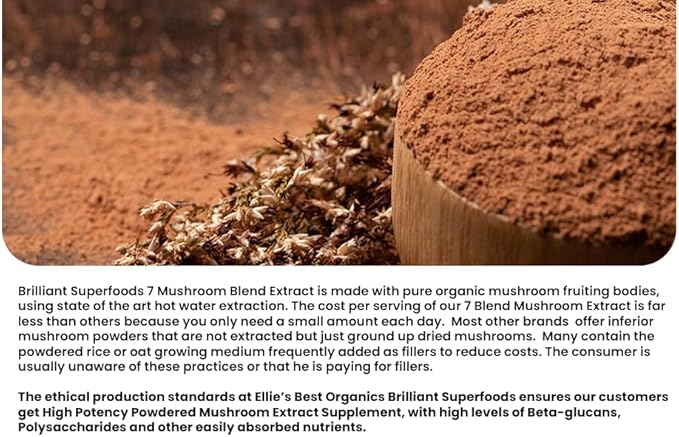 Ellie's Best 7 Mushroom Powder Extract Blend Supplement - Organic Reishi, Lion's Mane, Chaga, Turkey Tail, Cordyceps, Maitake & Shiitake - Double Extracted - 16oz / 456 Servings…