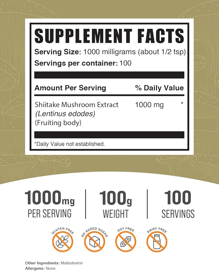 BulkSupplements.com Shiitake Mushroom Extract Powder - Shiitake Mushroom Powder Supplement, Immune Support - Vegan & Gluten Free, 1g per Serving,100g (3.5 oz) (Pack of 1)