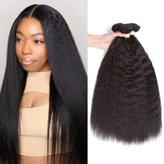 Kerriana Kinky Straight Human Hair Bundles, Kinky Straight Sew In 100% Unprocessed Brazilian 3 Bundles 10 12 14 Inch For Black W