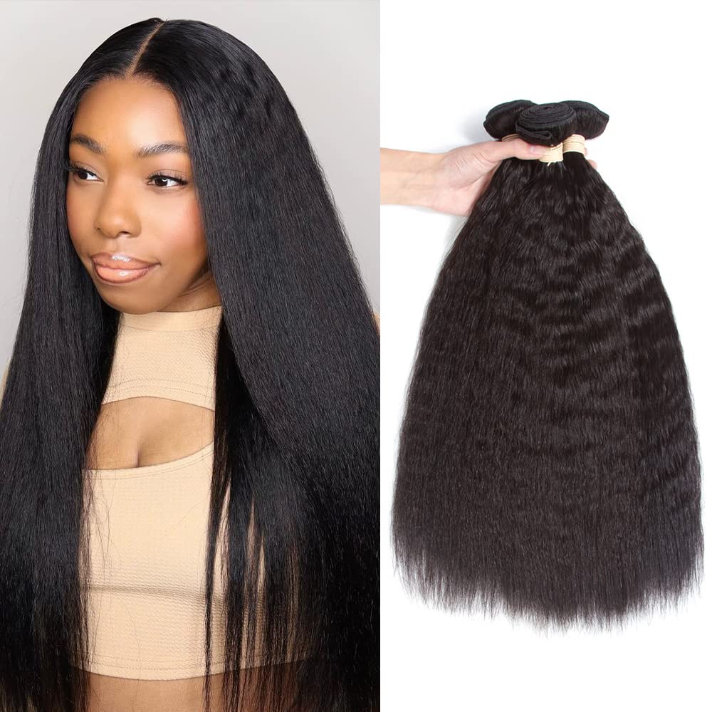 Human Hair Bundles Kinky Straight, 22 24 26 Inch Raw 9A Remy Brazilian 100G Hair Bundles 3Pcs Remy Human Hair