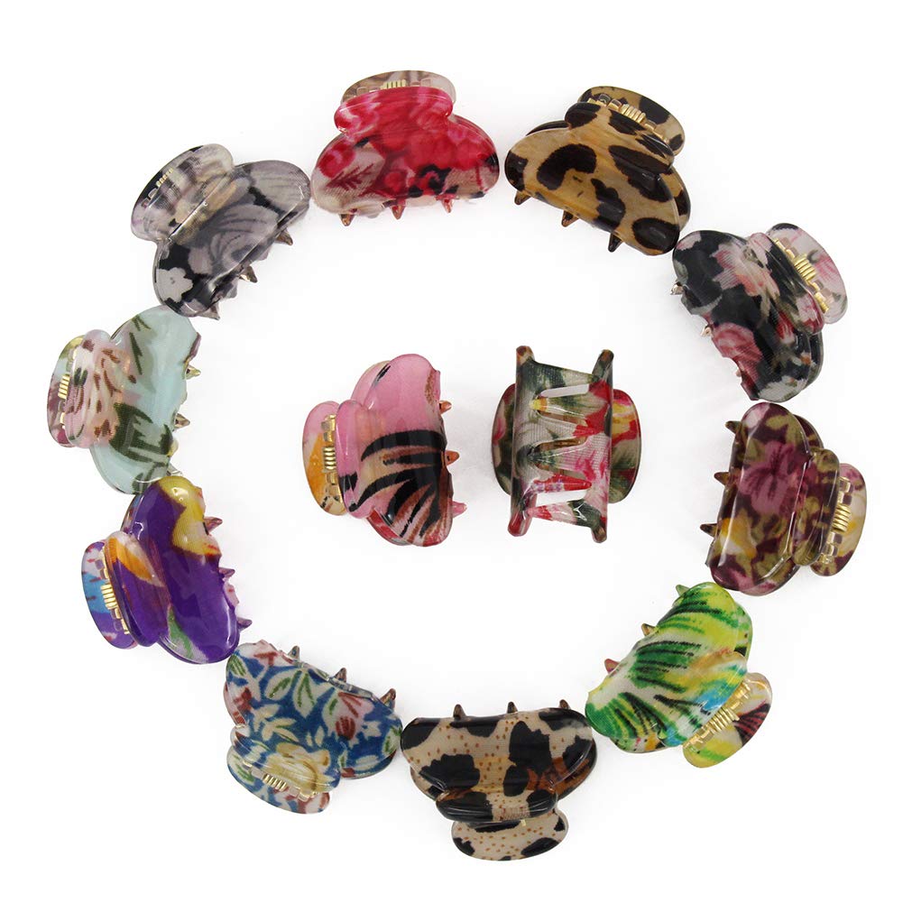 Carede Mini 1.2 Inch Plastic No-Slip Grip Jaw Hair Clip,Floral Printed Small Acrylic Hair Claw Clips For Girls And Women,Pack Of