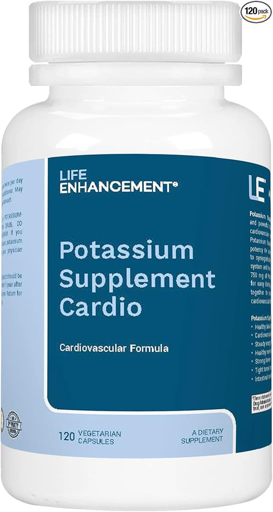Life Enhancement Potassium Supplement Cardio Natural Potassium Supplement - 750 mg Potassium / 500 mg Taurine Per Serving- Daily Potassium Supplements - 120 Potassium Capsules (60 Servings)