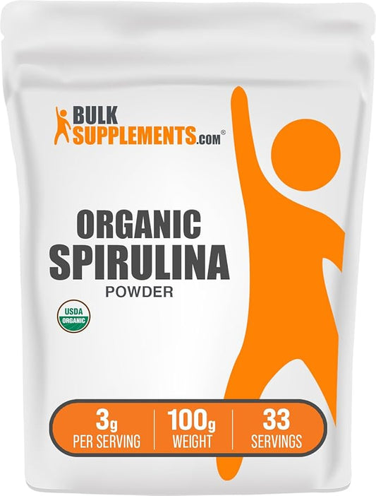 BulkSupplements.com Organic Spirulina Powder - Superfood, Green Spirulina Powder, Herbal Supplement - Vegan-Friendly, 3g per Serving, 100g (3.5 oz) (Pack of 1)