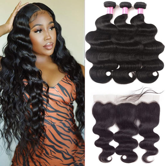 Brazilian Body Wave Bundles With Lace Frontal (20 22 24+18 Frontal) 100% Unprocessed Human Hair 3 Bundles With 13X4 Lace Closure