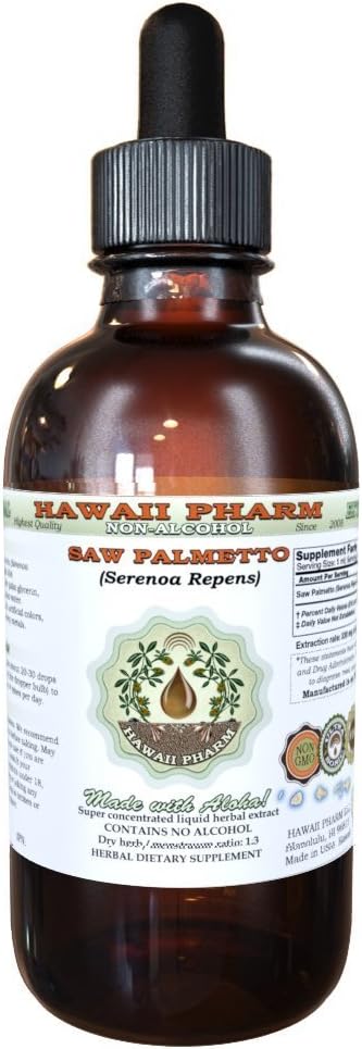 Saw Palmetto Alcohol-Free Liquid Extract, Organic Saw Palmetto (Serenoa Repens) Dried Berry Glycerite Natural Herbal Supplement, Hawaii Pharm, USA 4 fl.oz