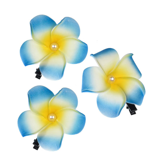 Love Sweety 3Pcs Hawaiian Plumeria Hair Clips Galsang Flower Barrettes For Beach Party (1#P Blue)