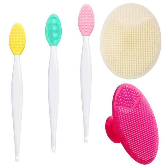 5 Pcs Mini Exfoliating Brush Set - 2 Pcs Silicone Facial Cleansing Brush And 3 Pcs Lip Scrub Brush