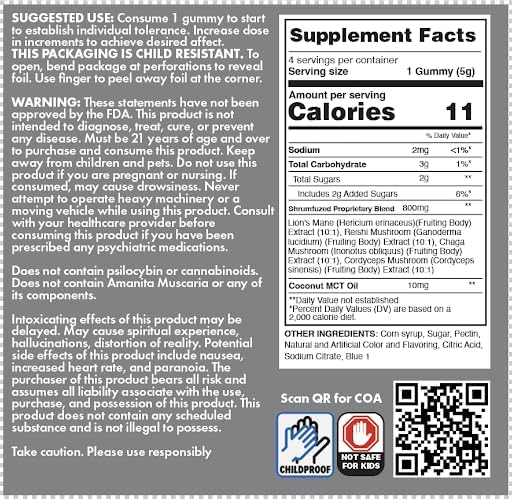 Proprietary Nootropic Gummy 3200mg - Lion's Mane, Reishi, Chaga, and Cordycep Nootropic Tripee Mushroom Blend (4, Sour Apple)