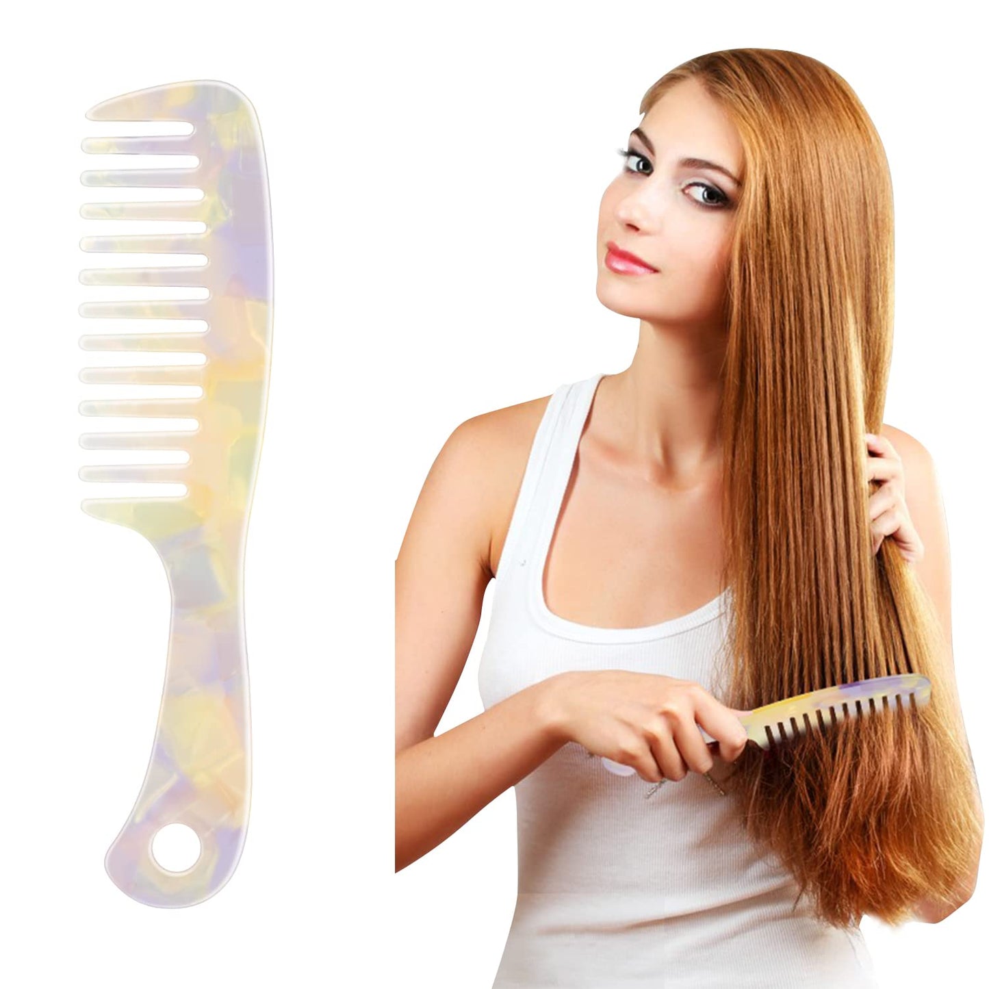 Large Wide Tooth Hair Comb 7.3 in, LADYAMZ [Tortoise Shell] Cellulose Acetate Round Tooth Comb for Straight/Curly Hair,Short/Lon