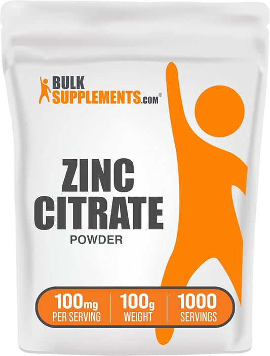 BulkSupplements.com Zinc Citrate Powder - Zinc Supplements, Zinc 30mg, Zinc Powder - Pure Zinc Citrate, for Immune Support - Gluten Free, 100mg per Serving, 100g (3.5 oz)