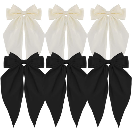 Atoden Oversized Hair Barrettes: Silky Satin Bowknot Clips, Long Tail Ribbons For Women - Black, White, Beige (6Pcs)