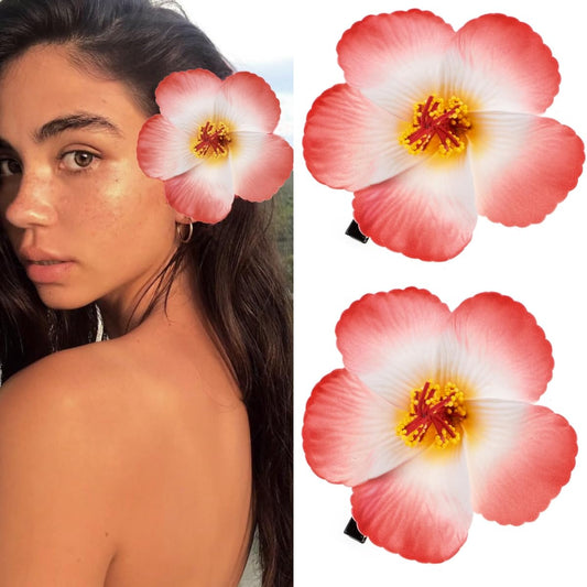 Love Sweety 2Pc Hawaiian Plumeria Hair Clips Galsang Flower Barrettes For Beach Party(Red)