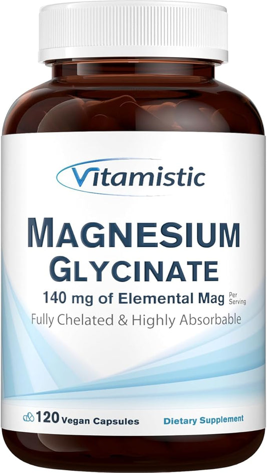 Magnesium Glycinate, Chelated, Highly Bioavailable, Fully Reacted & Non-Buffered, Gentle on The Stomach, 140 mg Elemental Magnesium, for Sleep, Bone, Muscle, Non GMO, 120 Vegan Caps