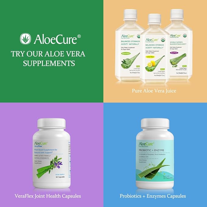 AloeCure Organic Aloe Vera Juice - 12 Bottle Sample Pack - Grape, Lemon, Natural Flavor, 12x500ml