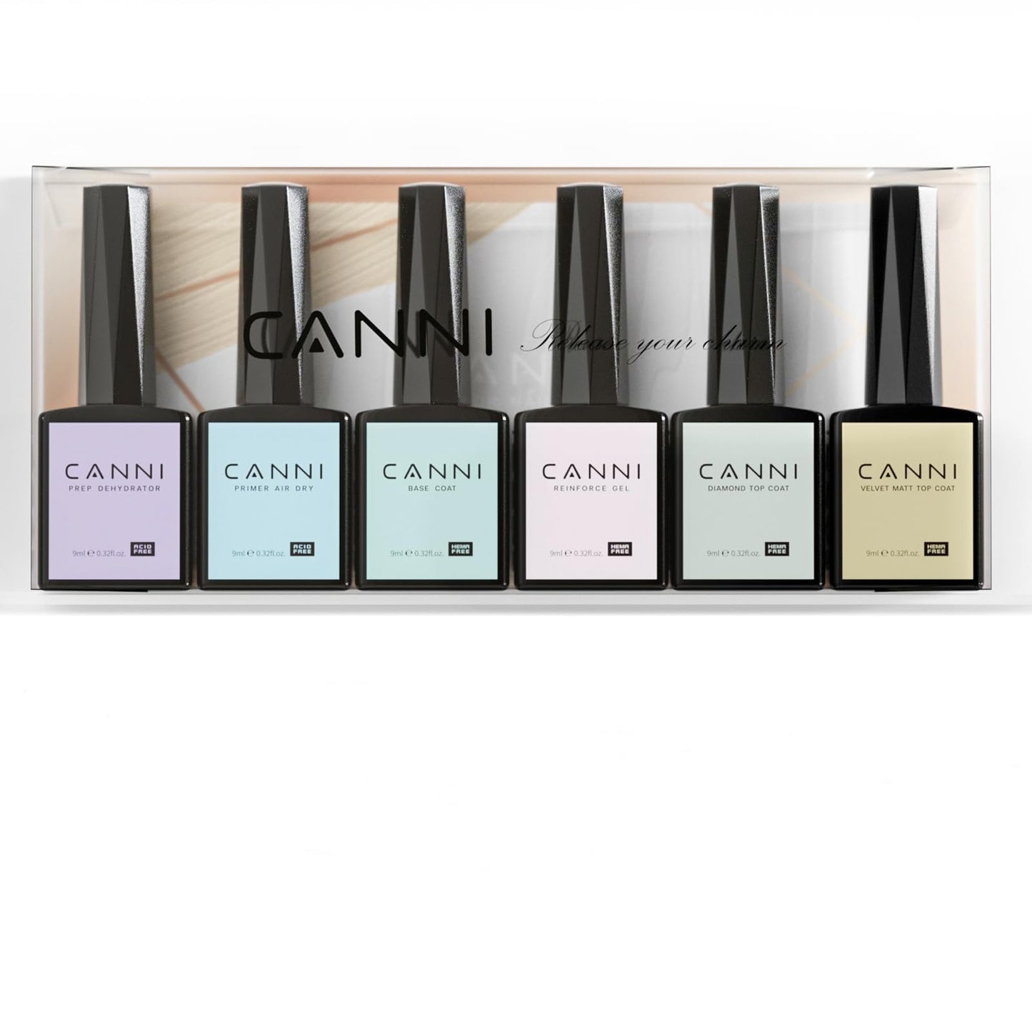 Canni 6Pcs 9Ml Hema-Free Nail Dehydrator Primer, Base Coat Reinforce Diamond Gel Top Coat And Matte Top Coat Gel Nail Polish Set